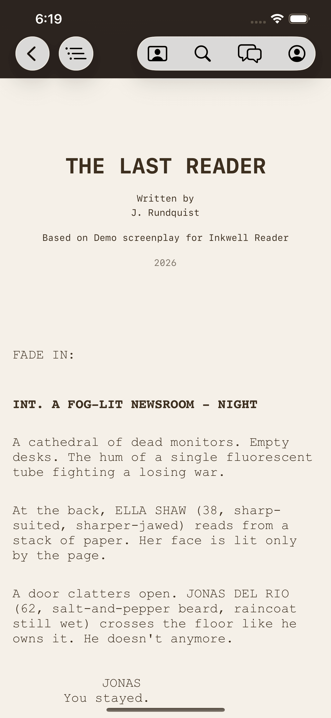 A screenplay being read in the Inkwell Reader on iPhone