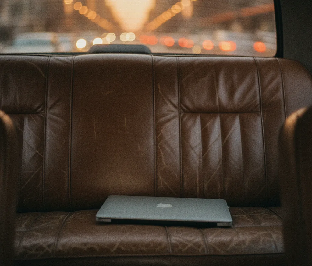 A laptop left behind on the back seat of a taxi at dusk — the device is gone, but the writer's work is safe.